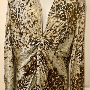 CAbi Cream and Brown Twist-Front Blouse